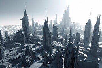 3d model of futuristic city, with buildings and towers reaching for the sky, created with generative ai