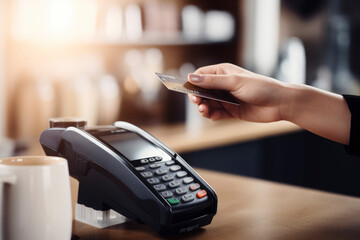 NFC payments.Woman in a restaurant paying at pos device via credit card. Illustration. Generative AI