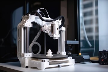 robot arm with 3d printer at work, printing out new part, created with generative ai