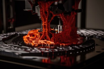 3d printing robot extruding layer of molten plastic to create intricate design, created with generative ai
