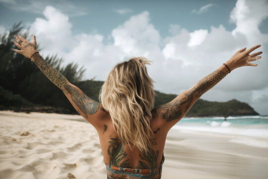 Happy woman with surfer style and tattoos, she raises her arms to the sky in front of a beach with a paradisiacal sea. enjoying nature, concept, tropical destination. Illustration. Generative AI