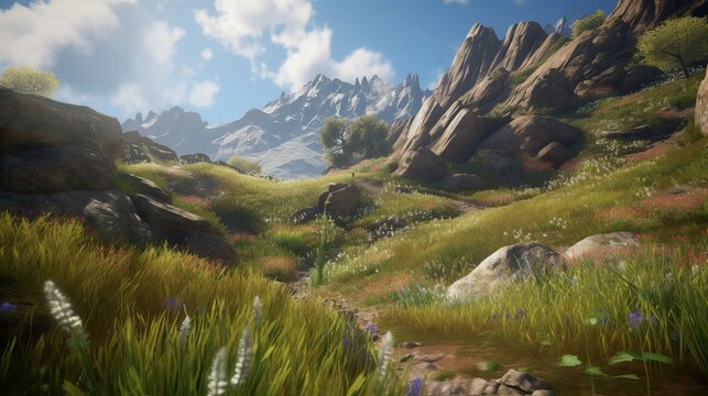 alpine meadow in the mountains, Immerse Yourself in the Hyper-Realistic Majesty of an HD Mountain Landscape: Awe-Inspiring Detail and Breathtaking Realism, Generative AI