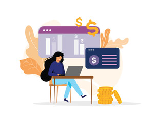 Cartoon girl analyzes her spending on graph on laptop. People planning budget. Process of analyzing personal or corporate budget. Accounting and calculation of financial income. Vector