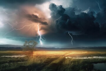 abstract and surreal landscape with stormy clouds, lightning, and rain, created with generative ai