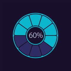 Fragmented donut infographic chart design template for dark theme. Sixty percentage. Editable radial infochart with progress level. Visual data presentation. Myriad Pro-Bold, Regular fonts used