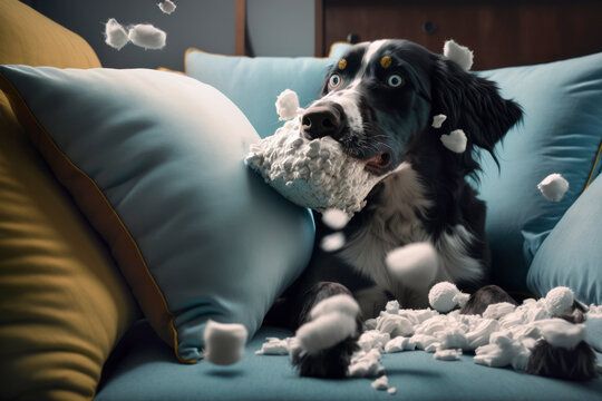 Dog that destroys the sofa cushions with a surprised face, Illustration. Generative AI