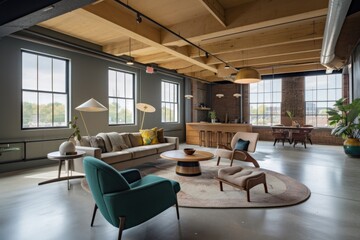 Obraz premium adaptive reuse and renovation project combining vintage furniture with modern amenities, created with generative ai