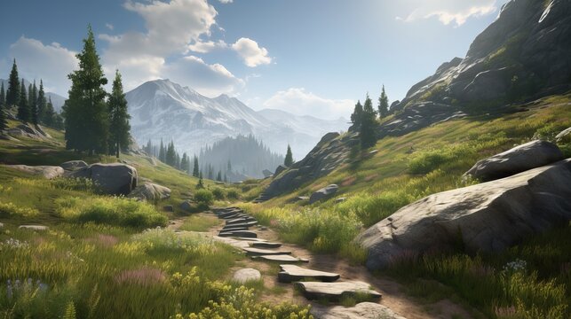Immerse Yourself in the Hyper-Realistic Majesty of an HD Mountain Landscape: Awe-Inspiring Detail and Breathtaking Realism, landscape in the mountains, Generative AI
