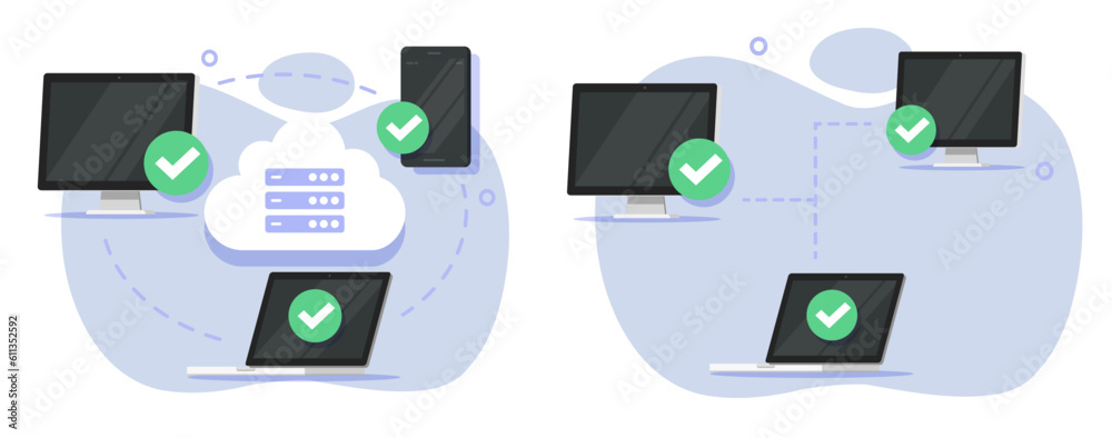 Poster network cloud technology via computer pc and cell phone data backup vector icon flat graphic illustr