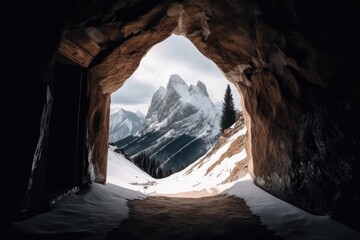 mountain cave with snow-covered entrance, surrounded by majestic snowy peaks, created with generative ai