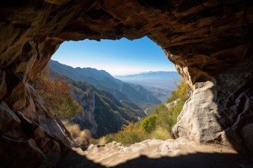 Fototapeta na wymiar cave-in of a mountain with view of valley, surrounded by blue skies, created with generative ai