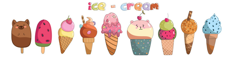 Kawaii ice cream set. Cute hand drawn ice cream in cartoon flat style