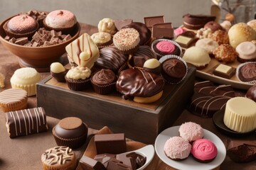 delightful assortment of chocolate treats, including cupcakes, cookies & truffles, created with generative ai
