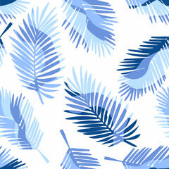 Tropical modern leaf pattern, print, texture design. Pastel blue colors jungle leaves on white background