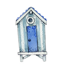 Watercolor Beach House on white background. Summer house isolated on white