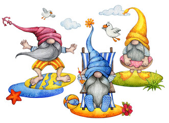 Watercolor Beach Gnomes on white background. Summer gnomes isolated on white