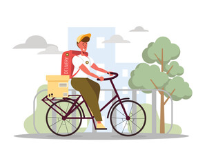 Cartoon smiling guy delivers packages on bike. Safe and express delivery services to home or office. Different methods of shipment. Vector flat illustration
