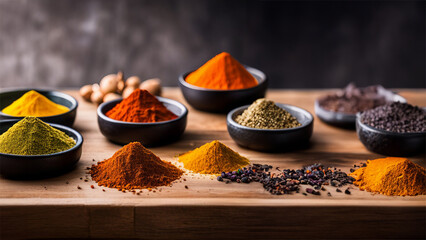 varieties of fine grain of herbs and spices ready to be used in cooking