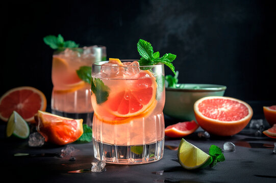 Paloma cocktails made with tequila blanco, syrup, grapefruit juice and sparkling water garnished with mint leaves