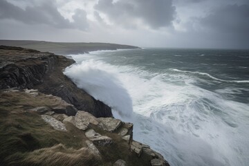 Fototapeta premium clifftop view of crashing waves and stormy sky, created with generative ai