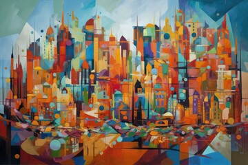 cubist painting of vibrant cityscape, with skyscrapers and bustling streets, created with generative ai