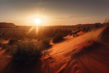 sunrise over red sand dunes, with the sun's rays bringing color to the landscape, created with generative ai