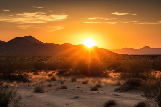 desert sunset, with the sun setting over a distant mountain range, created with generative ai