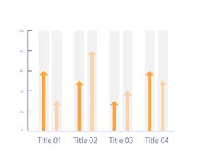 Grouped column infographic chart with arrows design template. Four sections. Market research. Editable infochart with vertical bar graphs. Visual data presentation. Myriad Pro-Bold, Regular fonts used
