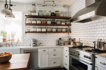 modern kitchen with white subway tile, stainless steel appliances, and upcycled jars for storage, created with generative ai