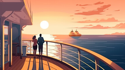 creative illustration of a young couple on a luxury cruise ship with a sunset. Generative AI - obrazy, fototapety, plakaty