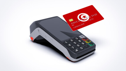 Obraz premium Tunisia country national flag on credit bank card with POS point of sale terminal payment isolated on white background with empty space 3d rendering image realistic mockup