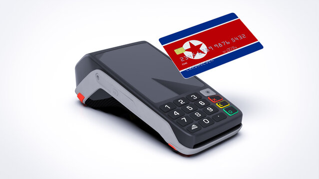 North Korea country national flag on credit bank card with POS point of sale terminal payment isolated on white background with empty space 3d rendering image realistic mockup