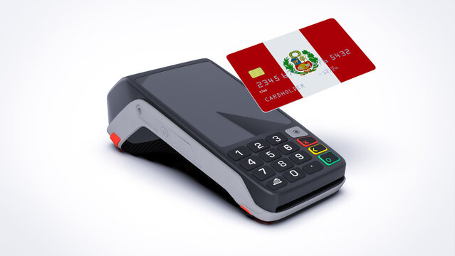 Peru country national flag on credit bank card with POS point of sale terminal payment isolated on white background with empty space 3d rendering image realistic mockup