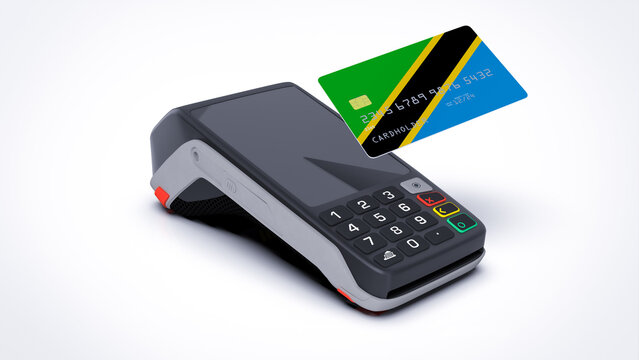 Tanzania country national flag on credit bank card with POS point of sale terminal payment isolated on white background with empty space 3d rendering image realistic mockup