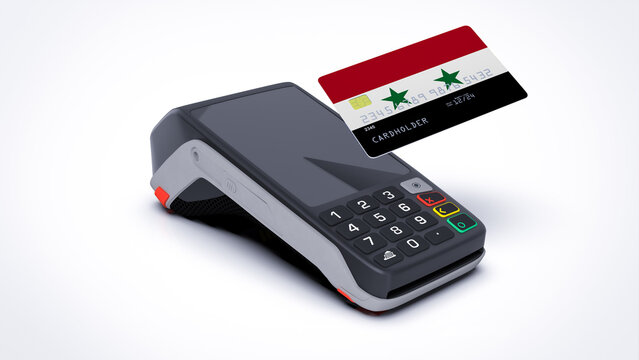 Syria country national flag on credit bank card with POS point of sale terminal payment isolated on white background with empty space 3d rendering image realistic mockup