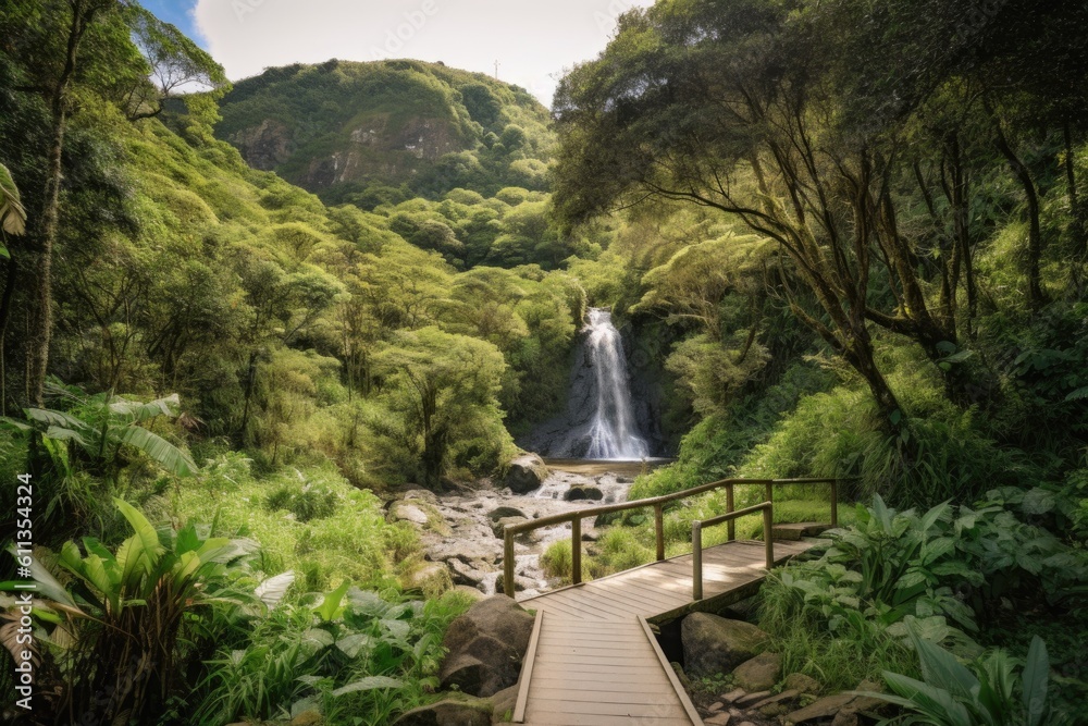 Poster hiking trail surrounded by lush greenery with a waterfall visible in the background, created with generative ai