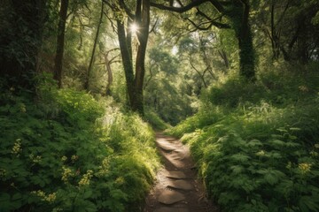 Obraz premium hiking trail surrounded by towering trees and lush greenery, created with generative ai