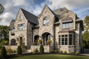 Fototapeta na wymiar luxury home with custom exterior features, such as stone accents and window treatments, created with generative ai