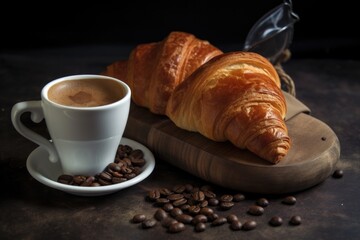 coffee and croissant pairing, with a mug of hot coffee and pastry for breakfast or brunch, created with generative ai