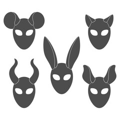 Set of carnival masks with rabbit, cat, mouse, horns ears. Isolated vector objects on white background.
