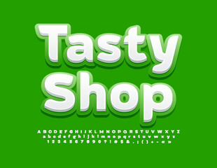 Naklejka premium Vector advertising Emblem Tasty Shop. White and Green bright Font. Modern Alphabet Letters Numbers and Letters set. 