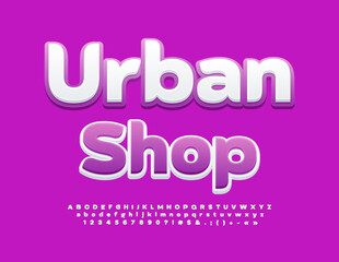 Vector stylish Signboard Urban Shop. Trendy White and Violet Font. Bright Alphabet Letters and Numbers set