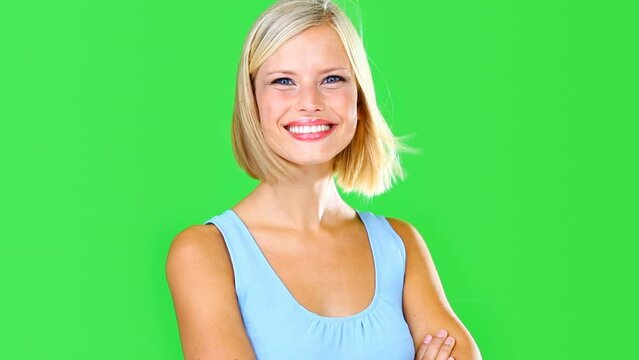 Smile, confidence and woman on green screen, laughing and positive face of model with happy mindset. Happiness, pride and portrait of gen z girl isolated on background with laugh, attitude and health