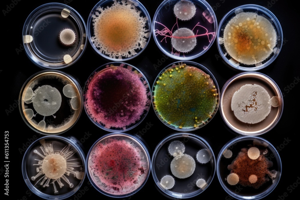 Canvas Prints collection of different strains of bacteria, each in its own petri dish, created with generative ai