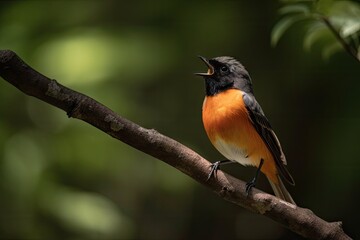 male redstart bird perched on tree branch, singing its heart out, created with generative ai