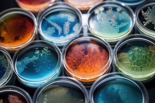 microbial cultures in petri dishes, arranged in geometric patterns, created with generative ai