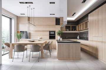 minimalist kitchen, with sleek appliances and open shelving, created with generative ai