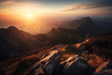 Obraz premium mountaintop with view of the sun setting over a distant mountain range, created with generative ai