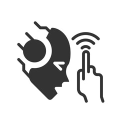 AI touches black linear glyph icon. Artificial intelligence tactile development. Sensor usage. Innovative technology. Negative space silhouette symbol. Solid pictogram. Vector isolated illustration