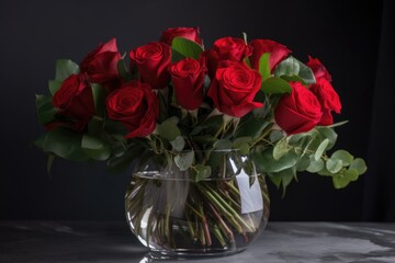 red rose bouquet in clear glass vase, for modern and elegant presentation, created with generative ai